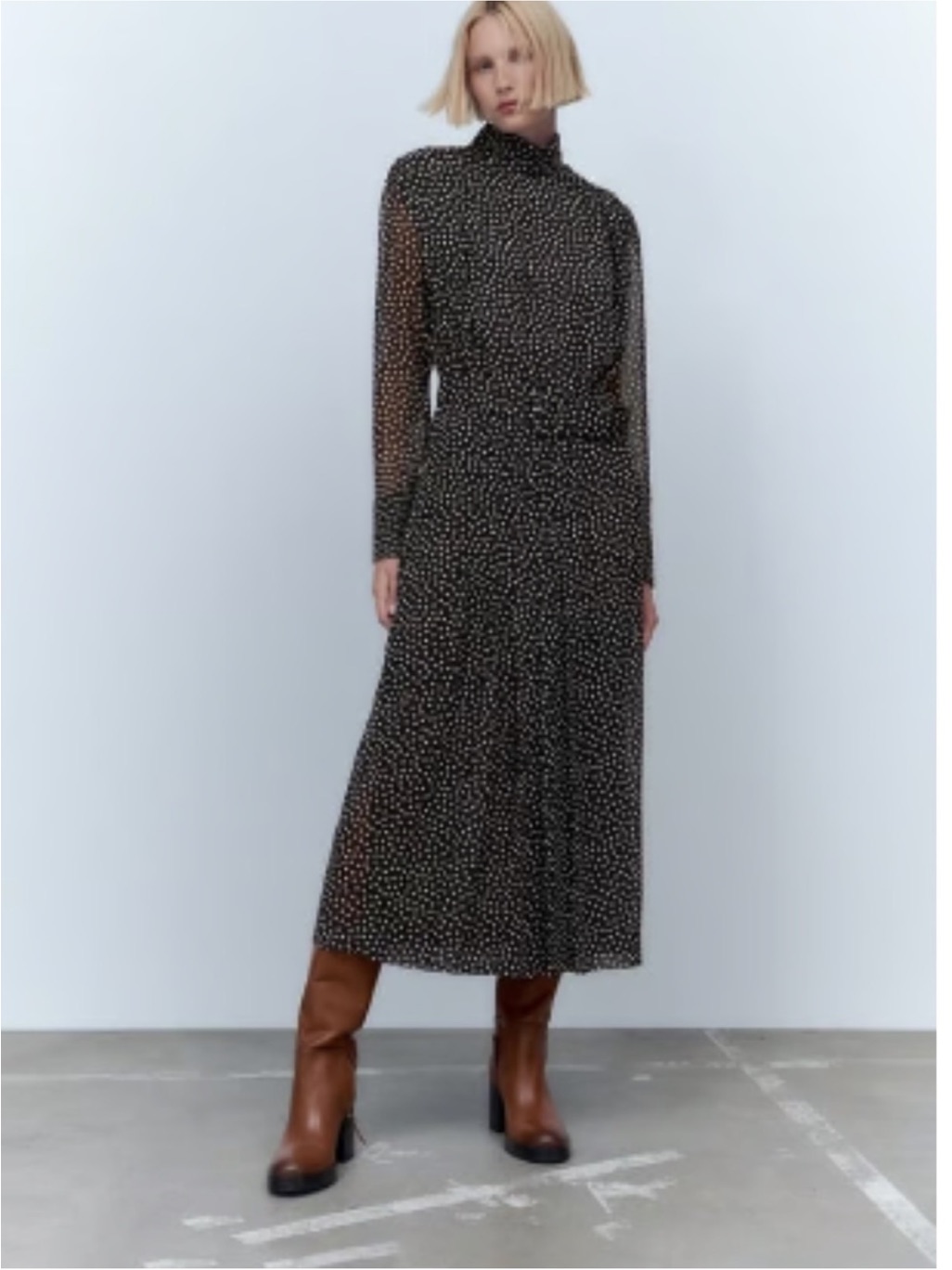 Zara Black & White Polka Dot Long-Sleeve Mock Neck Dress